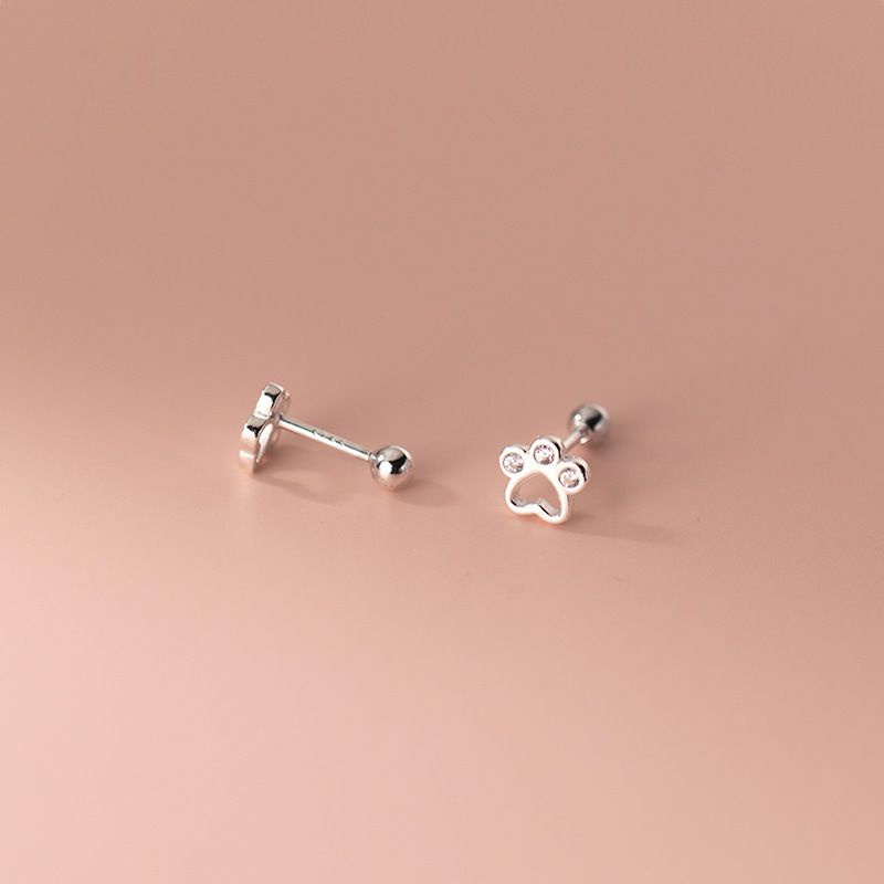 Bông Tai Bạc Hình Chân Mèo Đính Đá Chuôi Bi Tròn 100% Bạc Ý 925 - Blackmeo Silver