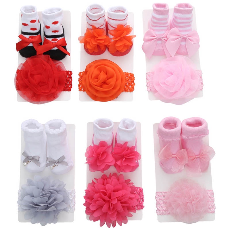 Set 2 Món Phụ Kiện Băng Đô/Vớ/Băng Đô Màu Trơn Dễ Thương Dành Cho Bé Sơ Sinh