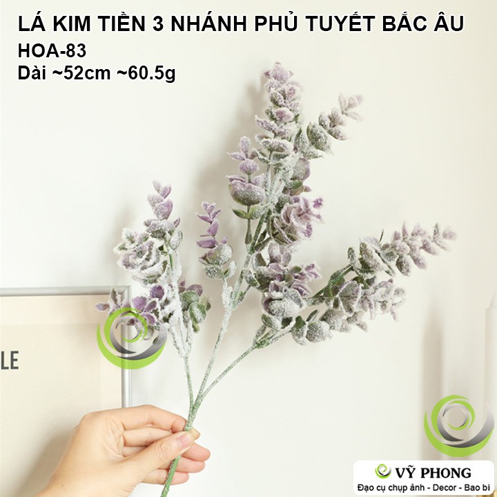 CÀNH LÁ KIM TIỀN 3 NHÁNH PHỦ TUYẾT BẮC ÂU TRANG TRÍ ĐÁM CƯỚI ĐẠO CỤ CHỤP ẢNH SẢN PHẨM INS HOA-83