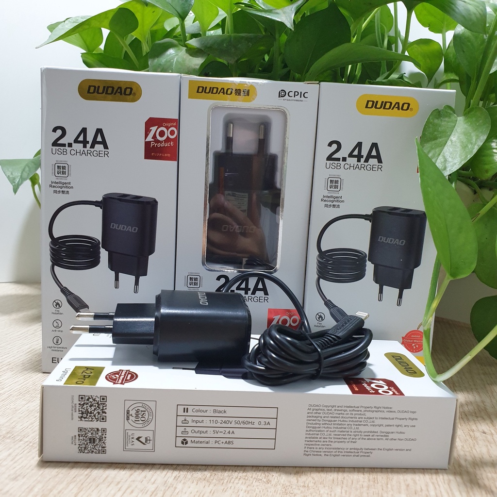 Củ Sạc Nhanh Liền Dây Dudao A2pro 2.4A Kèm 2 Cổng USB Có Thể Sạc Cùng Lúc 3 Thiết Bị Vỏ Nhựa ABS Chống Cháy BH 12 Tháng