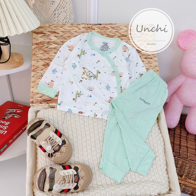 Bộ Quần Áo Dài Tay Sơ Sinh Unchi Cúc Lệch Quần Màu, Vải Thun Lạnh
