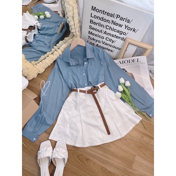 SET SƠ MI XANH TAY DÀI + CHÂN VÁY TRẮNG KÈM BELT