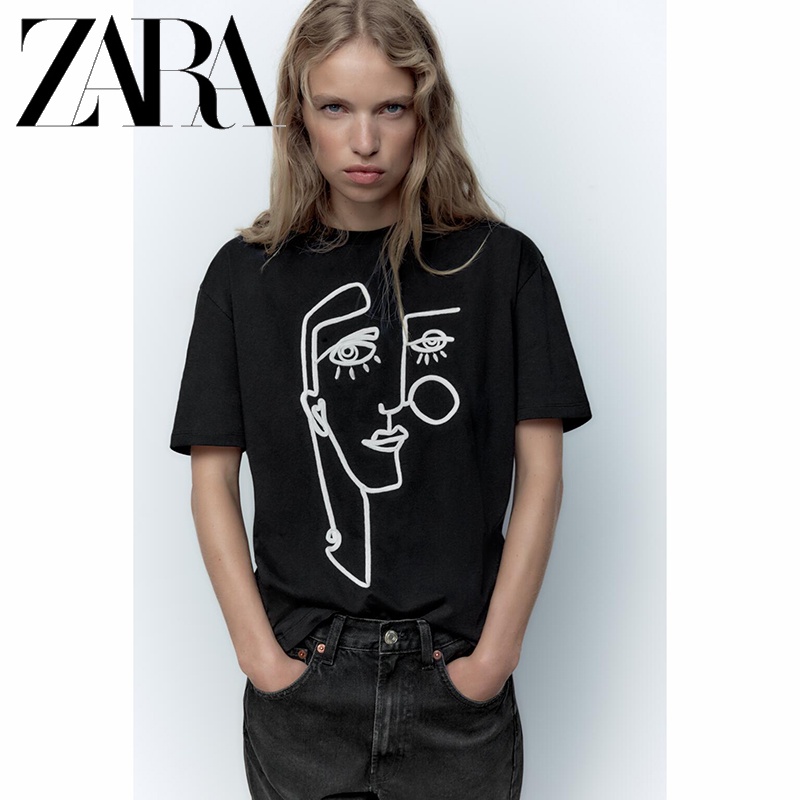 Zara Áo Thun Tay Ngắn Cổ Tròn Thêu Hình Thời Trang Thu Đông Cho Nữ