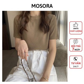 Áo len cộc tay trơn basic -chất tăm cổ tròn chất đẹp dáng ôm sọc tăm bảng màu pastel 5.0 mã 454