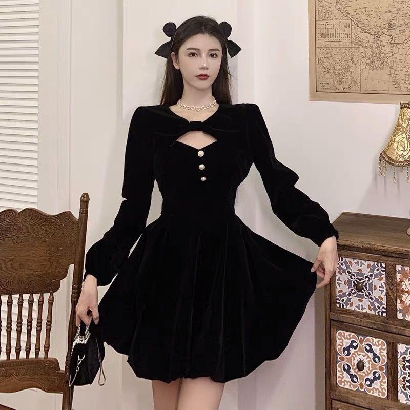 Đầm nhung đen hai mảnh sang trọng phong cách Hàn Quốc cổ điển cho nữ