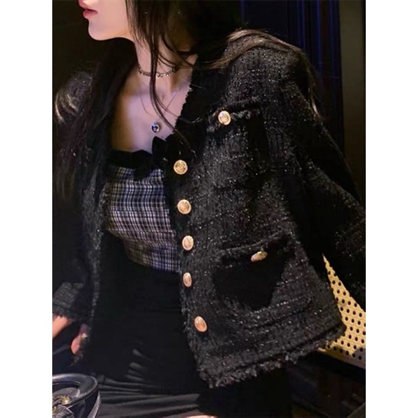 Áo Khoác Tweed Tay Dài Dáng Ngắn Đan Lấp Lánh