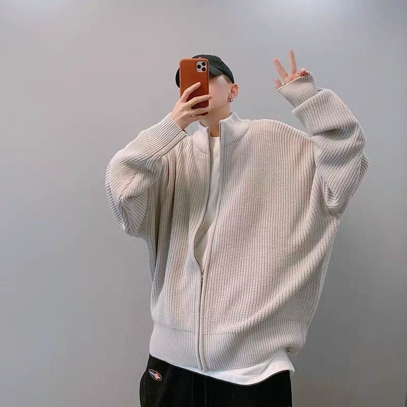 Áo Khoác Cardigan Dệt Kim Cổ Đứng Dáng Rộng Phối Khóa Kéo Thời Trang Thu Đông Cho Nam