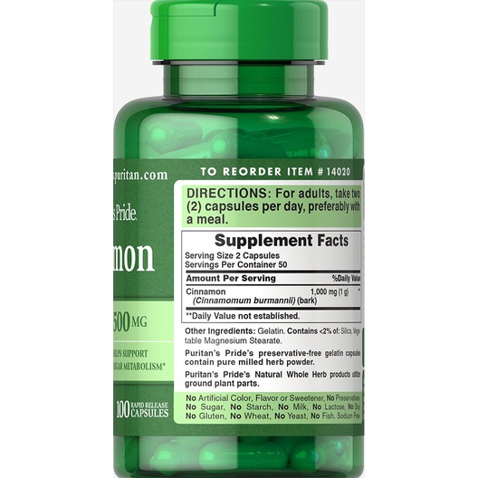 VIÊN UỐNG CHIẾT XUẤT QUẾ GIẢM LƯỢNG ĐƯỜNG TRONG MÁU CINNAMON 500MG PURITAN’S PRIDE