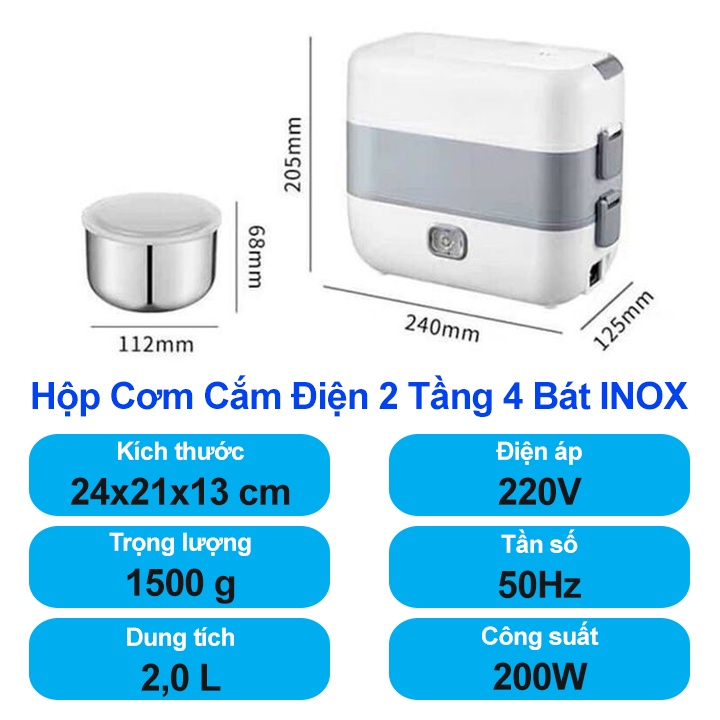 Hộp Cơm Cắm Điện 4 Khay INOX Tiện Lợi, Hâm Nóng, Nấu Cơm Nhanh Chóng - Bảo Hành 06 Tháng, 1 Đổi 1 Trong 7 Ngày