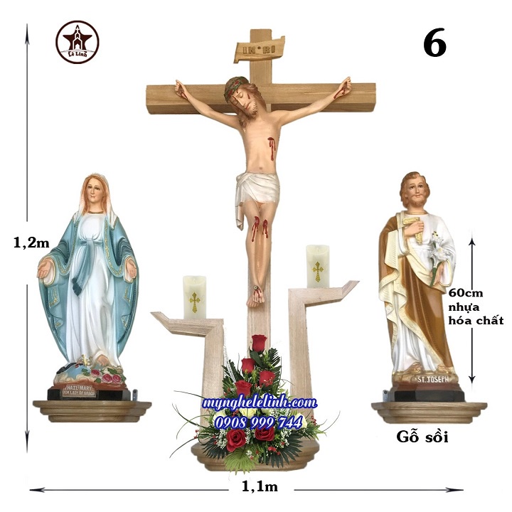 Bàn thờ Công Giáo - mẫu  xòe 2 bàn tay - bệ gỗ sồi - Tượng nhựa hóa chất Composite cao 60cm