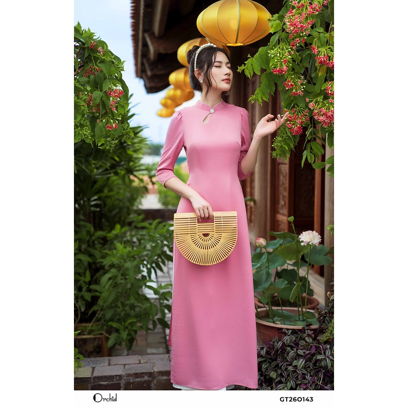 Bộ áo dài lụa trơn phối ngọc sang trọng- chất lụa cao cấp orchid GT26O143 | BigBuy360 - bigbuy360.vn