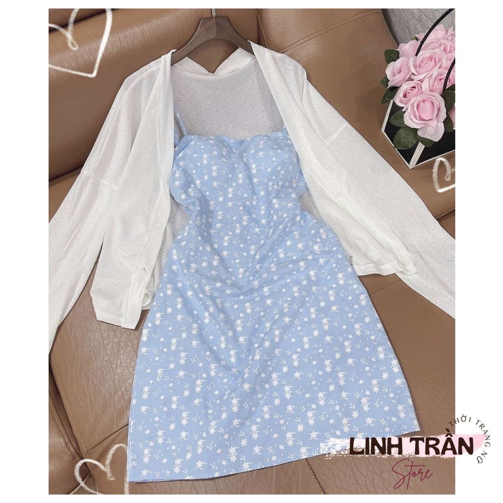 Sét Váy Hoa Nhí Và Áo Khoác Cardigan 🦋FREESHIP🦋 Đầm 2 Dây Hoa Nhí Mix Áo Cardigan Linh Trần Store