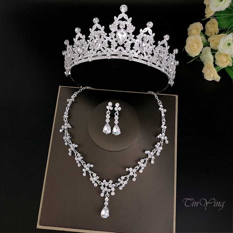 GETNOIVAS Vương Miện Cô Dâu Đính Pha Lê Sang Trọng Kèm Hoa Tai Và Dây Đeo Cổ Handmade