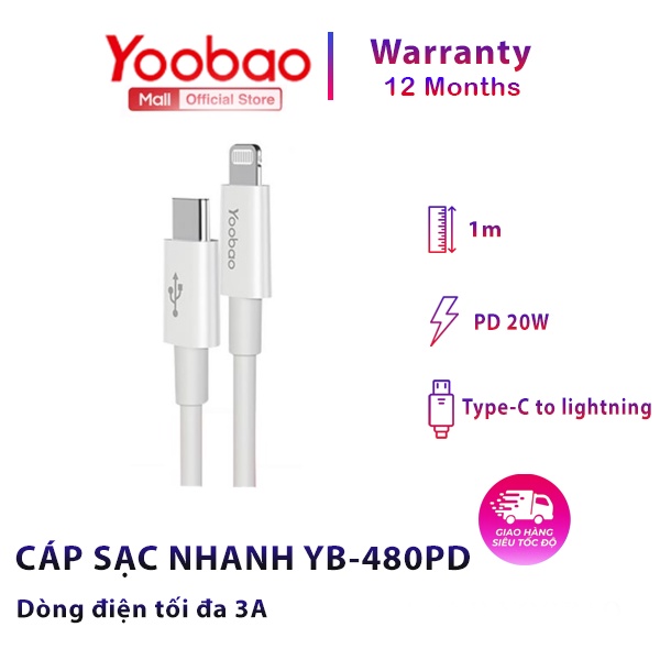 Dây Cáp Sạc Nhanh Yoobao YB-480PD Type-C to Lightning- PD 20w - Hàng Chính Hãng - Bảo Hành 12 tháng - Lỗi 1 Đổi 1