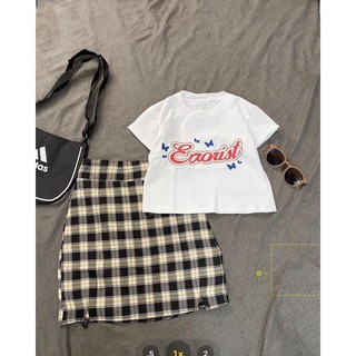 [RẺ VÔ ĐỊCH ] Bộ Chân Váy Kẻ Áo Thun Croptop in hình Bướm 🦋 Set Váy Kẻ Caro Kèm Áo Croptop 🦋