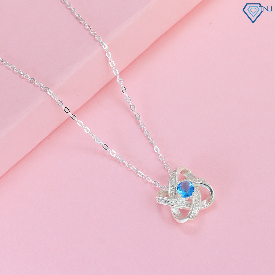 Vòng cổ nữ bạc thật mặt bông hoa đính đá xanh dương DCN0611 - Trang Sức TNJ