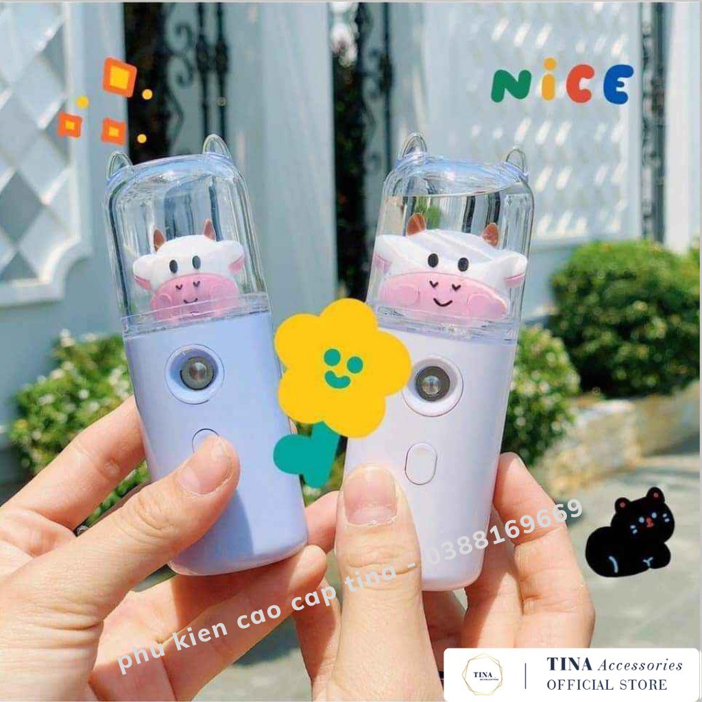 Máy Phun Sương Xông Mặt NaNo Mini TINA Cầm Tay Hình Bò Sữa Dễ Thương Giá Rẻ Hỗ Trợ Dưỡng Da Xịt Khoáng Cấp Ẩm Sạc USB