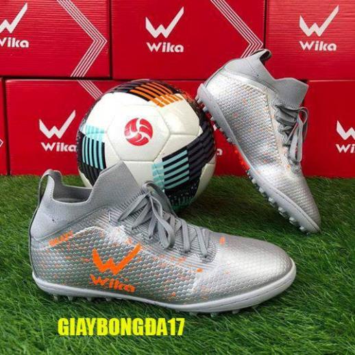 Giầy đá bóng cổ cao wika galaxy19.2 đế TF màu trắng phối đỏ đen ( giầy bóng đá sân cỏ nhân tạo cổ chun )