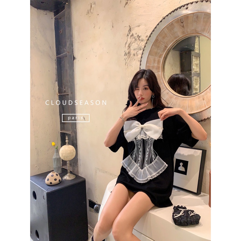 Áo thun màu đen ngắn tay dáng rộng trang trí nơ phối ren thời trang mùa hè cho nữ