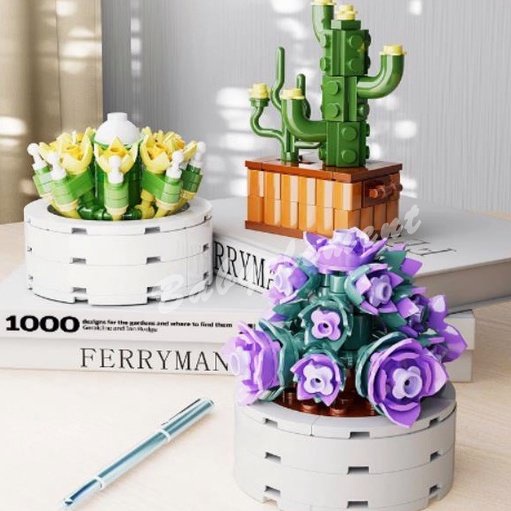 Mới Các Loài Xương Rồng Khối Xây Dựng Túi Ngôi Sao Màu Xanh Băng Trái Tim Vườn Lãng Mạn DIY Mô Hình Viên Gạch Trẻ Em Bộ Bộ Dụng Cụ Đồ Chơi