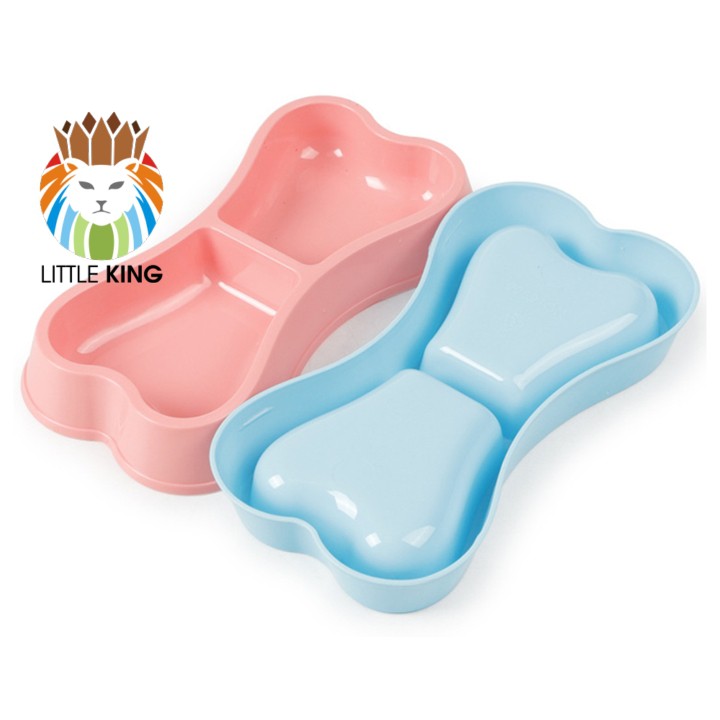 Bát ăn đôi cho chó mèo, thú cưng cỡ nhỏ hình khúc xương Little King pet shop chất liệu nhựa PP an toàn, nhiều màu sắc
