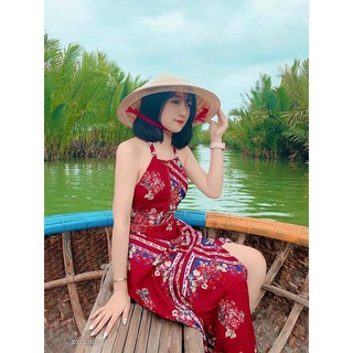Đầm maxi thổ cẩm cổ yếm