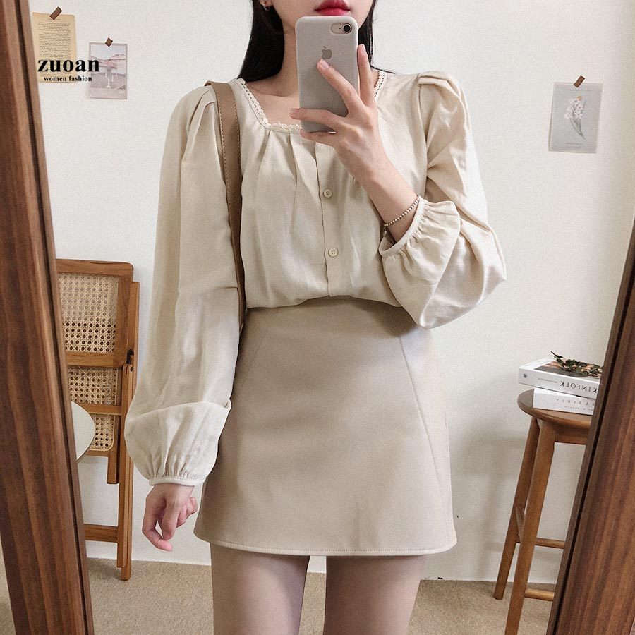 SUXI Áo Sơ Mi Nữ Thiết Kế Tay Dài Màu Trơn Kiểu Hàn Quốc