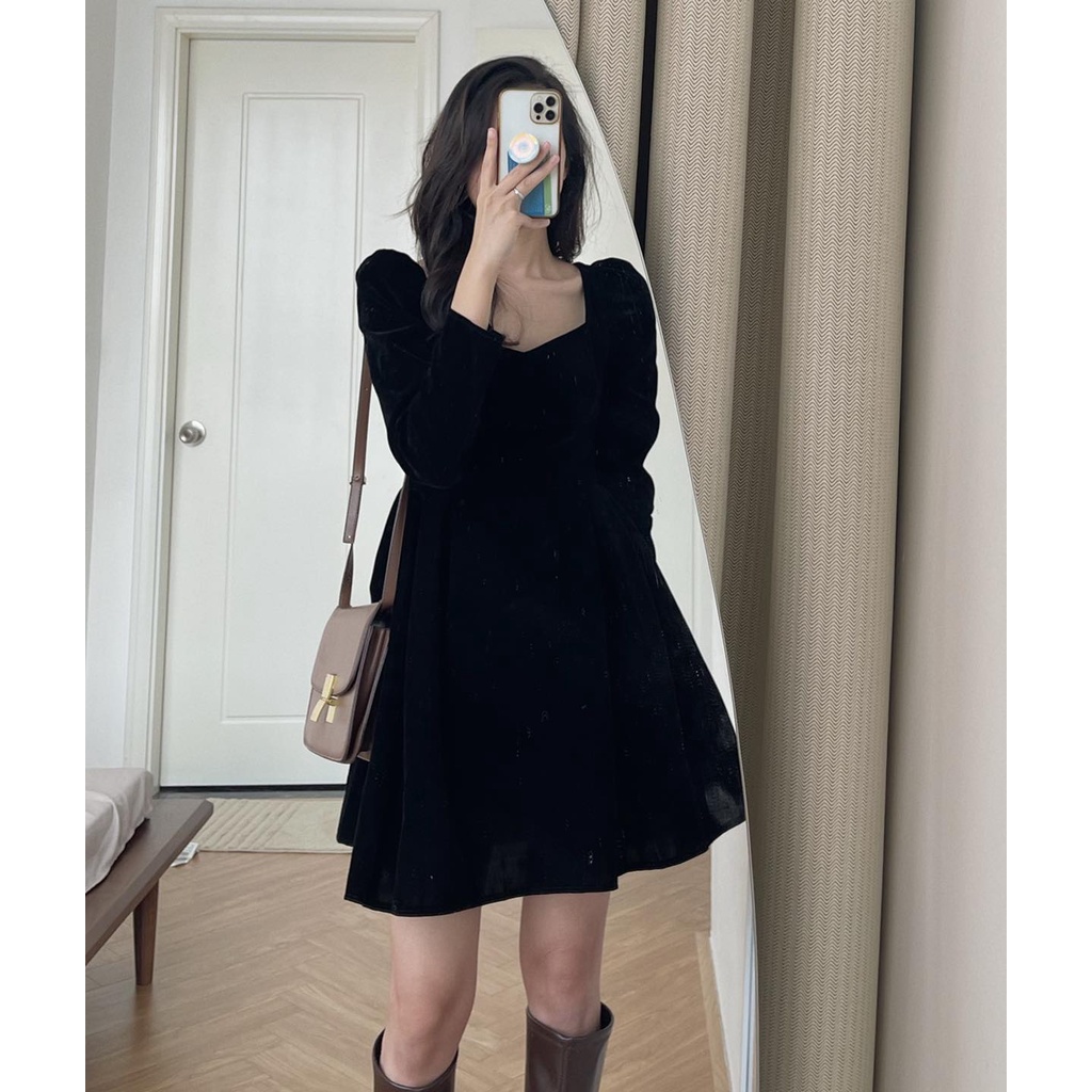 (ảnh thật) Audrey Váy nhung dài tay vai bồng 4259