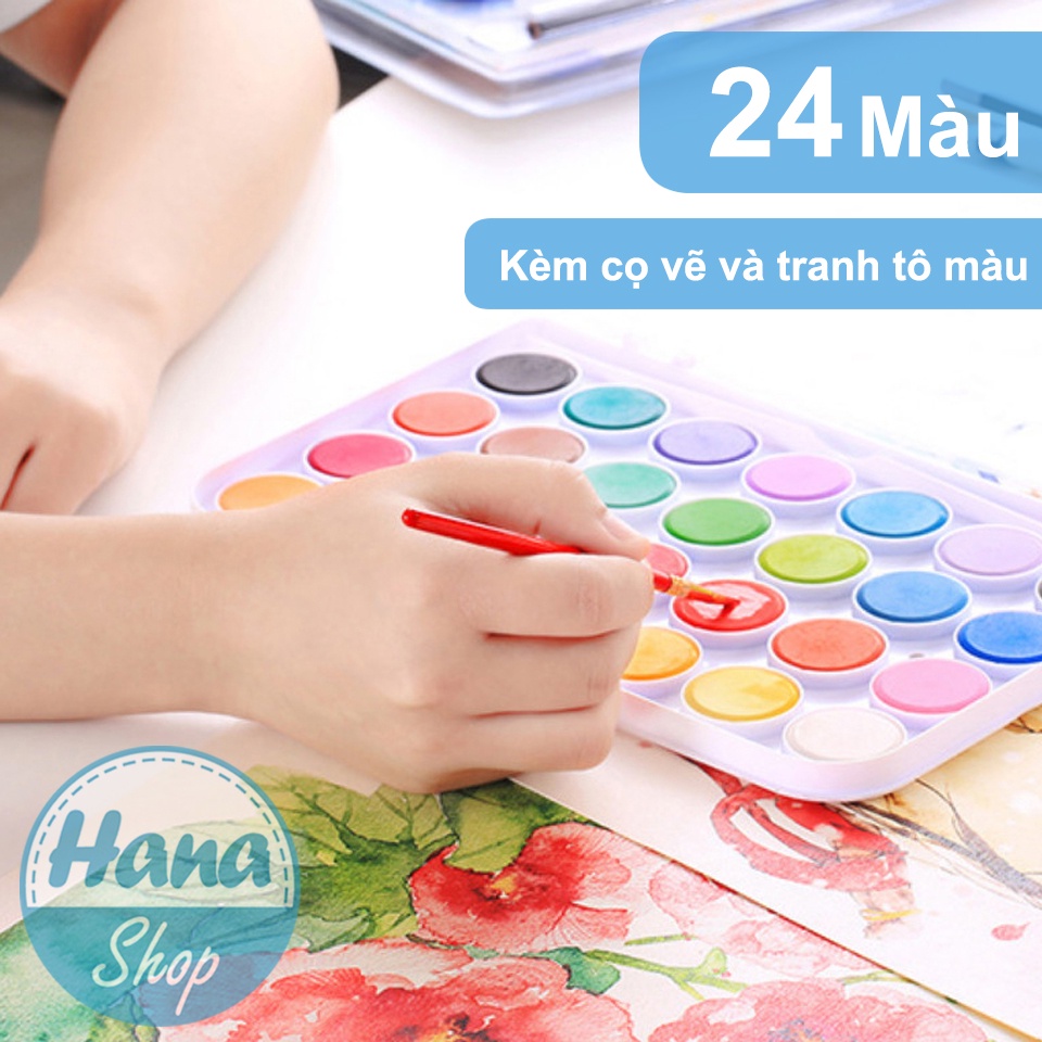 Màu nước solid water color 48,36,24 màu kèm cọ vẽ và tranh tô màu