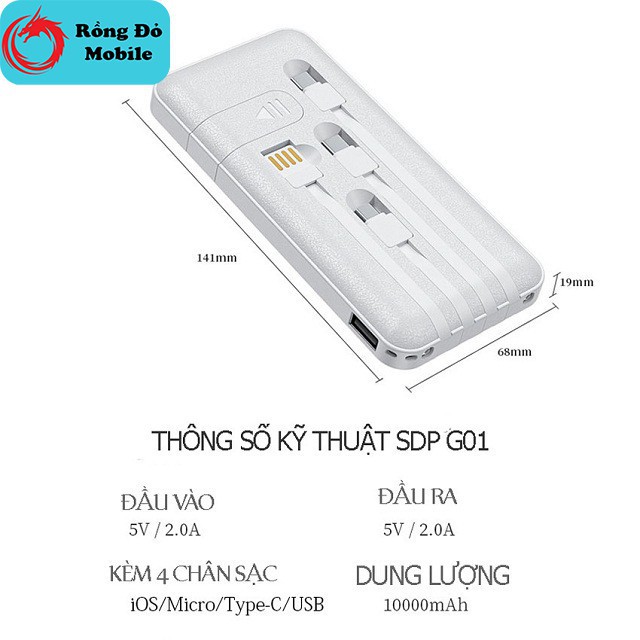 Sạc dự phòng SD DESIGN G01 dung lượng 10000 mAh có 3 cáp sạc lighting type-c micro có đèn pin bảo hành 12 tháng 1 đổi 1