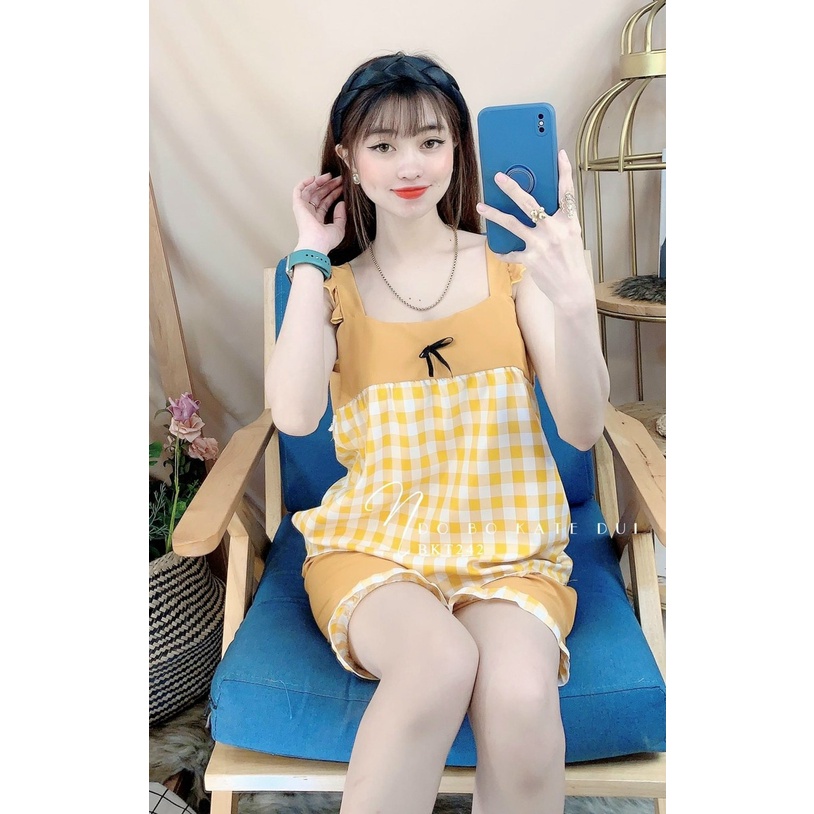Đồ bộ ngủ đùi cánh tiên vải lụa hàn họa tiết caro siêu xinh freesize dưới 57kg