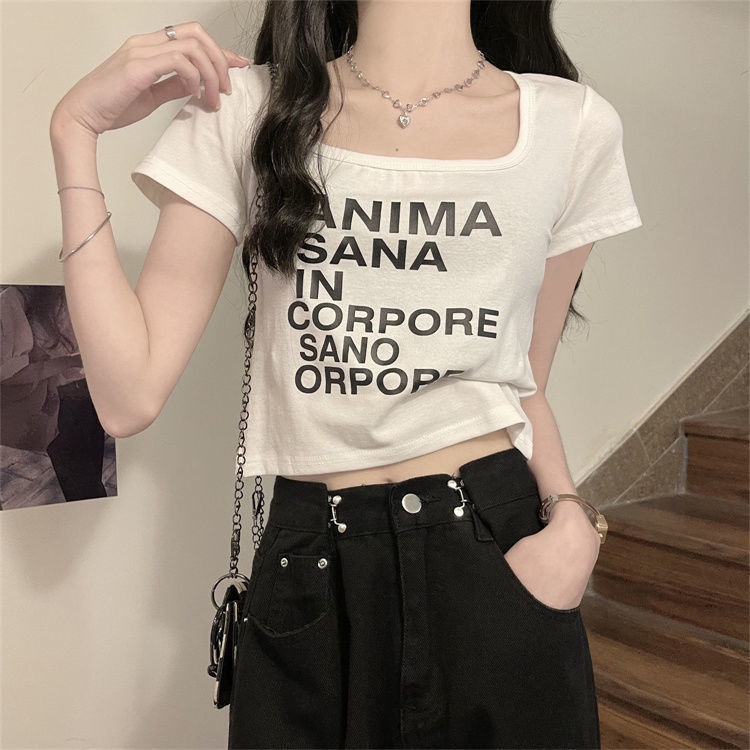 Áo Thun Cotton Nguyên Chất Cổ Vuông Tay Ngắn In Chữ Thời Trang Mùa Hè 2022 Mới