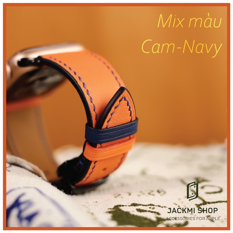 [BẢO HÀNH 1 NĂM] Dây Da BÊ SWIFT may tay thủ công màu Cam chỉ Xanh Navy khoá Bướm cho Apple Watch series 1/2/3/4/5/6/7