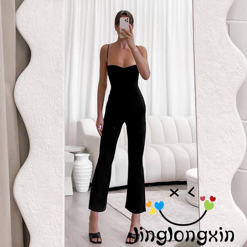 Áo liền quần 2 Dây Không Tay Hở Lưng Màu Đen Trơn Thời Trang Cho Nữ