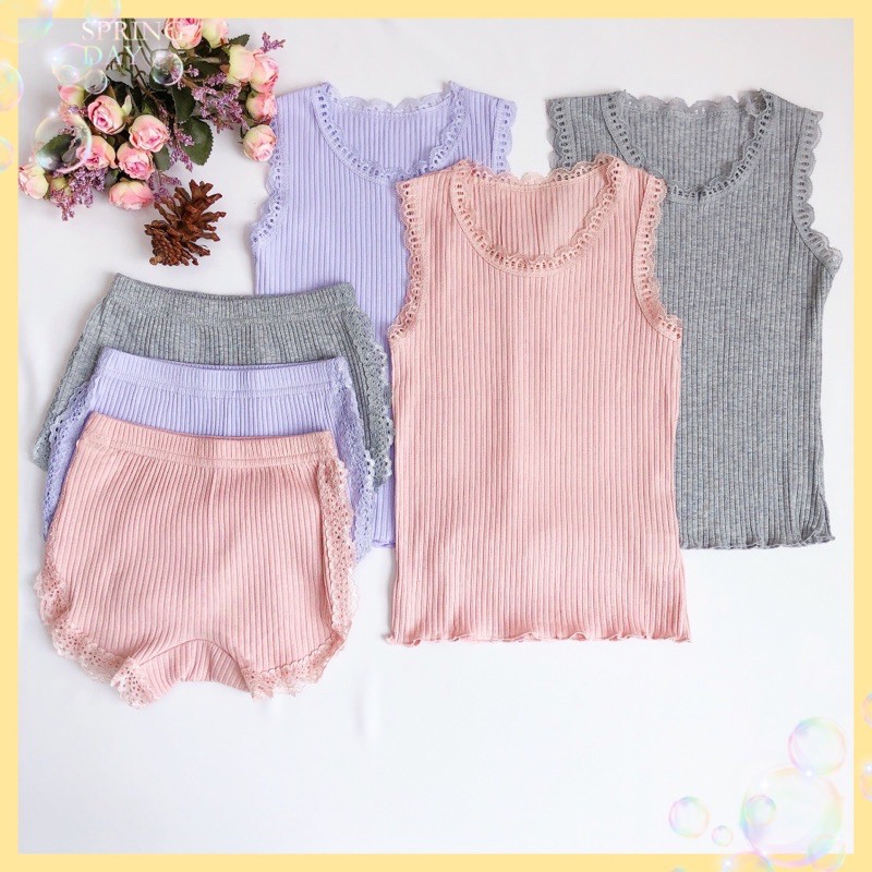 [CHUẨN XUẤT NHẬT] Bộ đồ thun cotton bé gái viền ren mùa hè, chất đẹp co giản 4 chiều