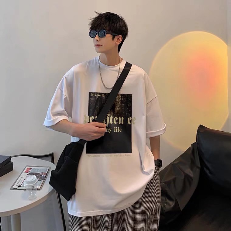 【Chất Lượng Cao】Áo Thun Tay Ngắn Dáng Rộng Mềm Mại In Hình Hành Tinh Bea Kiểu Retro Thoải Mái Phong Cách Sinh Viên Cho Nam