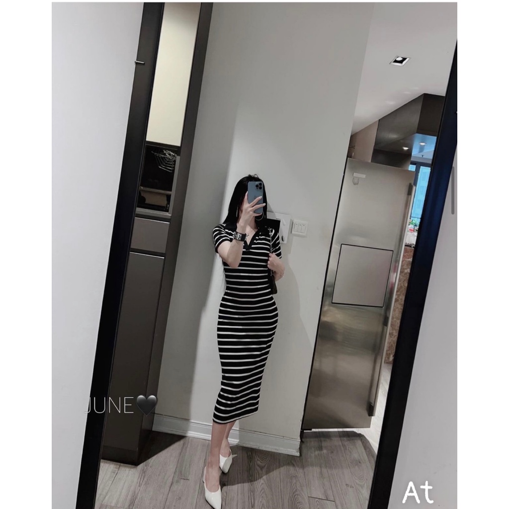 Váy Polo Nữ Body Dáng Dài Qua Gối, Váy Dáng Ôm 2 Màu Đen và kẻ Tôn Dáng Phong Cách Sang Chảnh