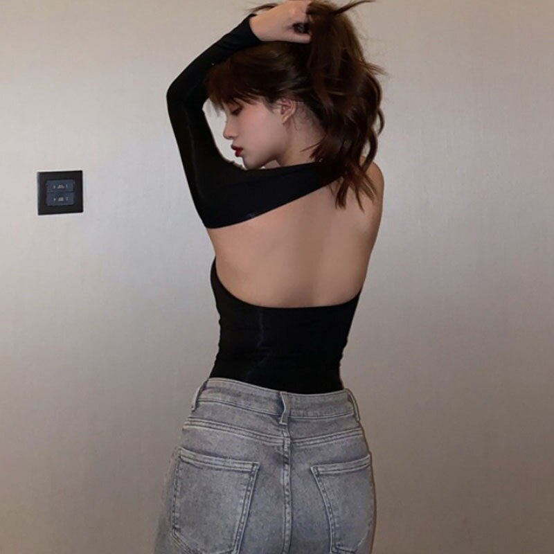 Áo Thun Tay Dài Dáng Ôm Hở Vai Màu Trơn Quyến Rũ Cho Nữ