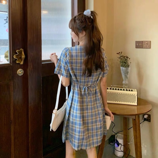 Đầm caro màu vintage-form chữ A-hàng Quảng Châu