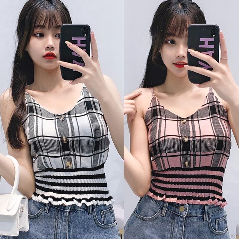 Áo Hai Dây Cổ Chữ V Họa Tiết Caro Quyến Rũ