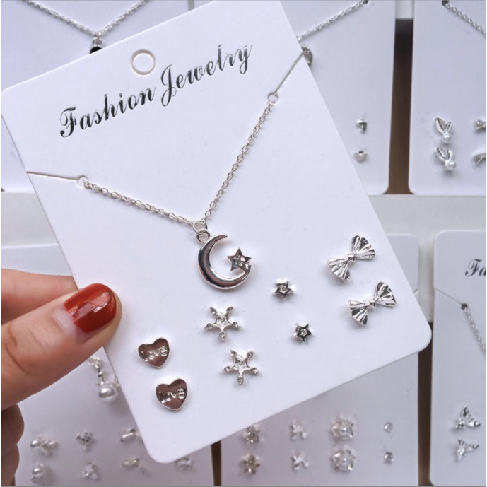 Set dây chuyền và 4 đôi bông tai phong cách Hàn Quốc siêu xinh BAG U SETDC196