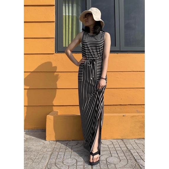 Đầm Maxi Thun Siêu Mát VNXK Phối Sọc Trắng Đen - Sát Nách - Xẻ Tà
