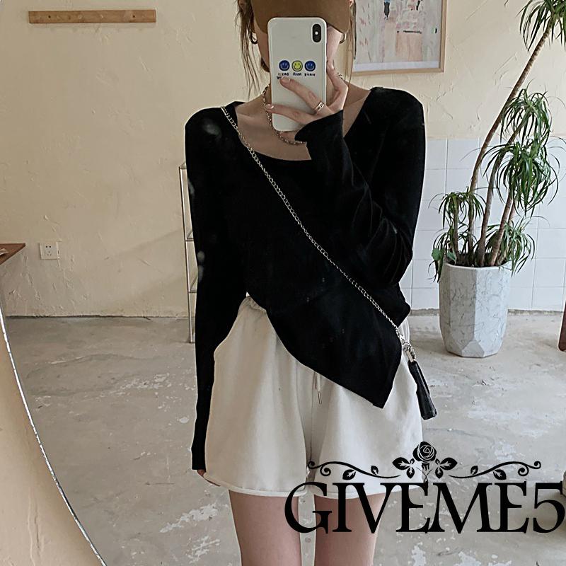 Giveme Áo Thun Nữ Tay Dài Cổ Tròn Màu Sắc Đơn Giản