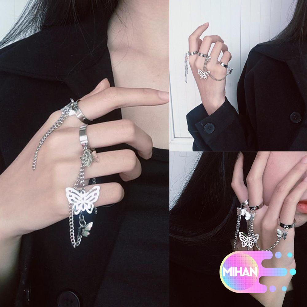 Nhẫn đeo tay 3 kiểu tùy chọn phối sợi xích và bướm phong cách harajuku cho nam và nữ