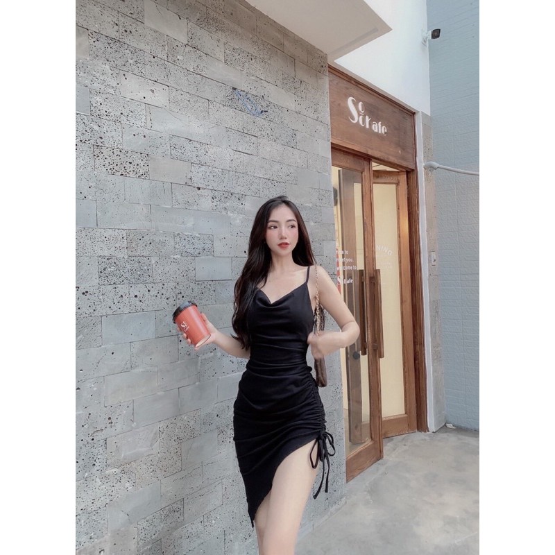 VÁY HAI DÂY NHÚN HÔNG CỔ ĐỔ QUYẾN RŨ