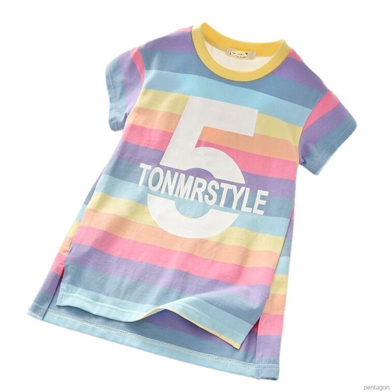 Đầm Thun Ngắn Tay Sọc Ngang Màu Cầu Vồng Cho Bé Gái