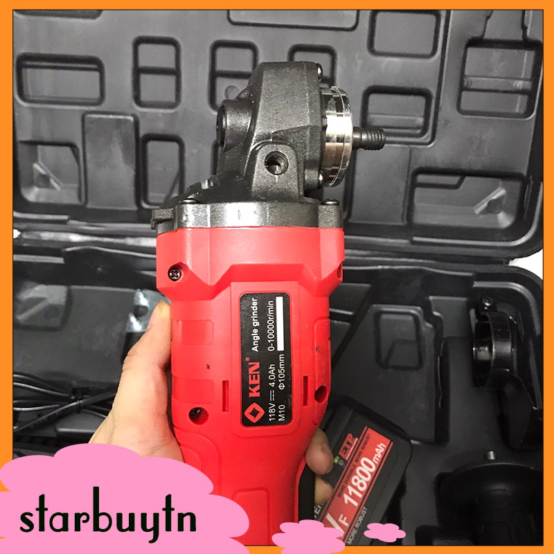 Máy mài góc đung pin 118V Ken kèm sạc 2 pin, tay cầm, tấm chắn, dụng cụ mở