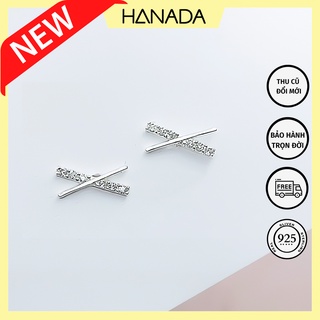 Bông Tai Bạc 925 Chéo Đá Đơn Giản Đeo Nổi Bật Khuyên Nụ Lấp Lánh Hanada 0370 C11