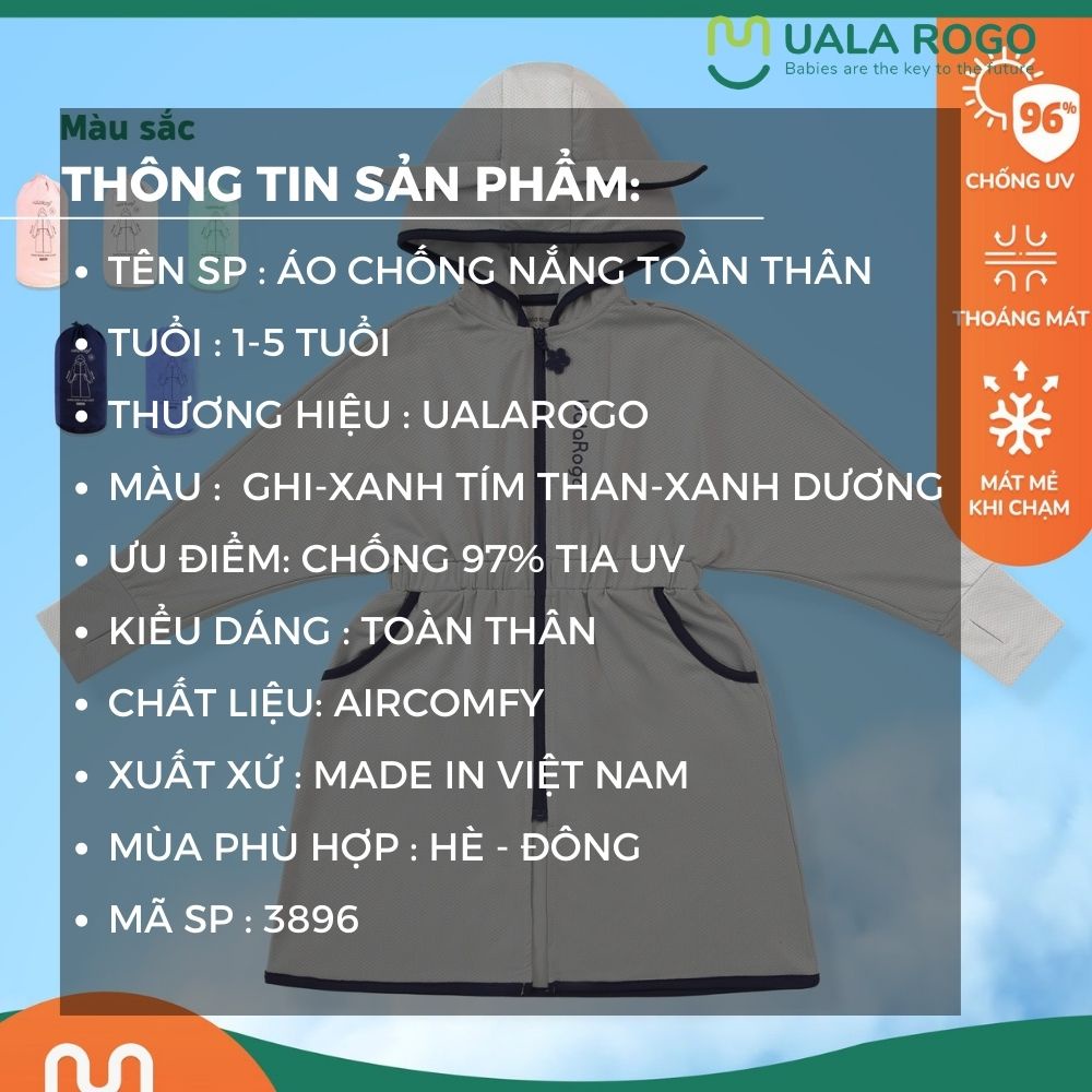 Áo chống nắng toàn thân Uala rogo 1-5 tuổi vải aircomfy chống tia UV cực tím nhẹ mát mũ chùm đầu dây rút ur3896