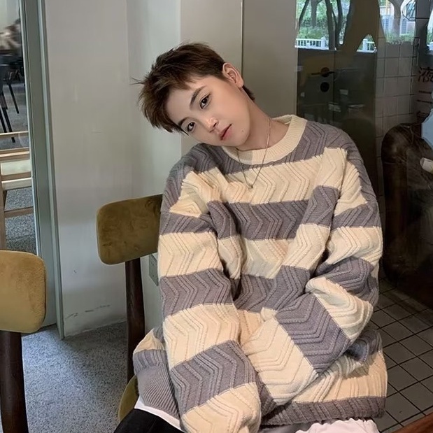 Áo Sweater thời trang nam Áo Sweater Kẻ Sọc Dáng Rộng Thời Trang Đơn Giản Cá Tính Cho Nam Áo len rộng thùng thình của phụ nữ áo len nam cao cấp